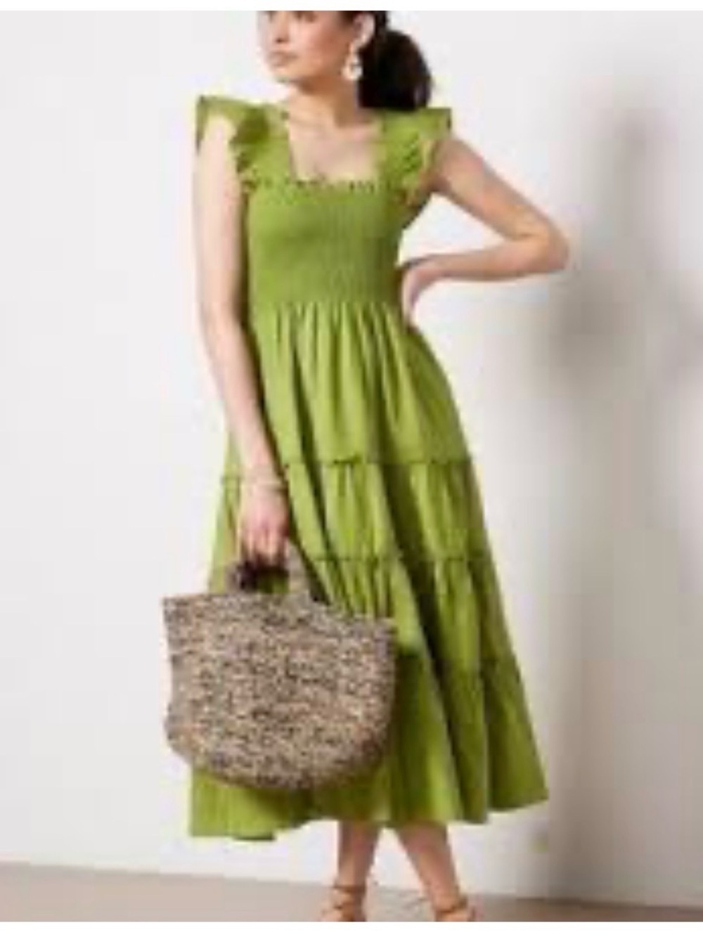 O.P.T. Calypso green tiered ruffle smocked linen blend dress women’s XS - Picture 4 of 10